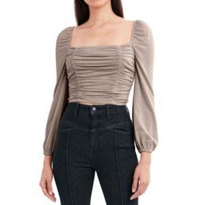 BCBGeneration Ruched Blouson Top Blouse Long Sleeve Shimmer Champagne NEW Small